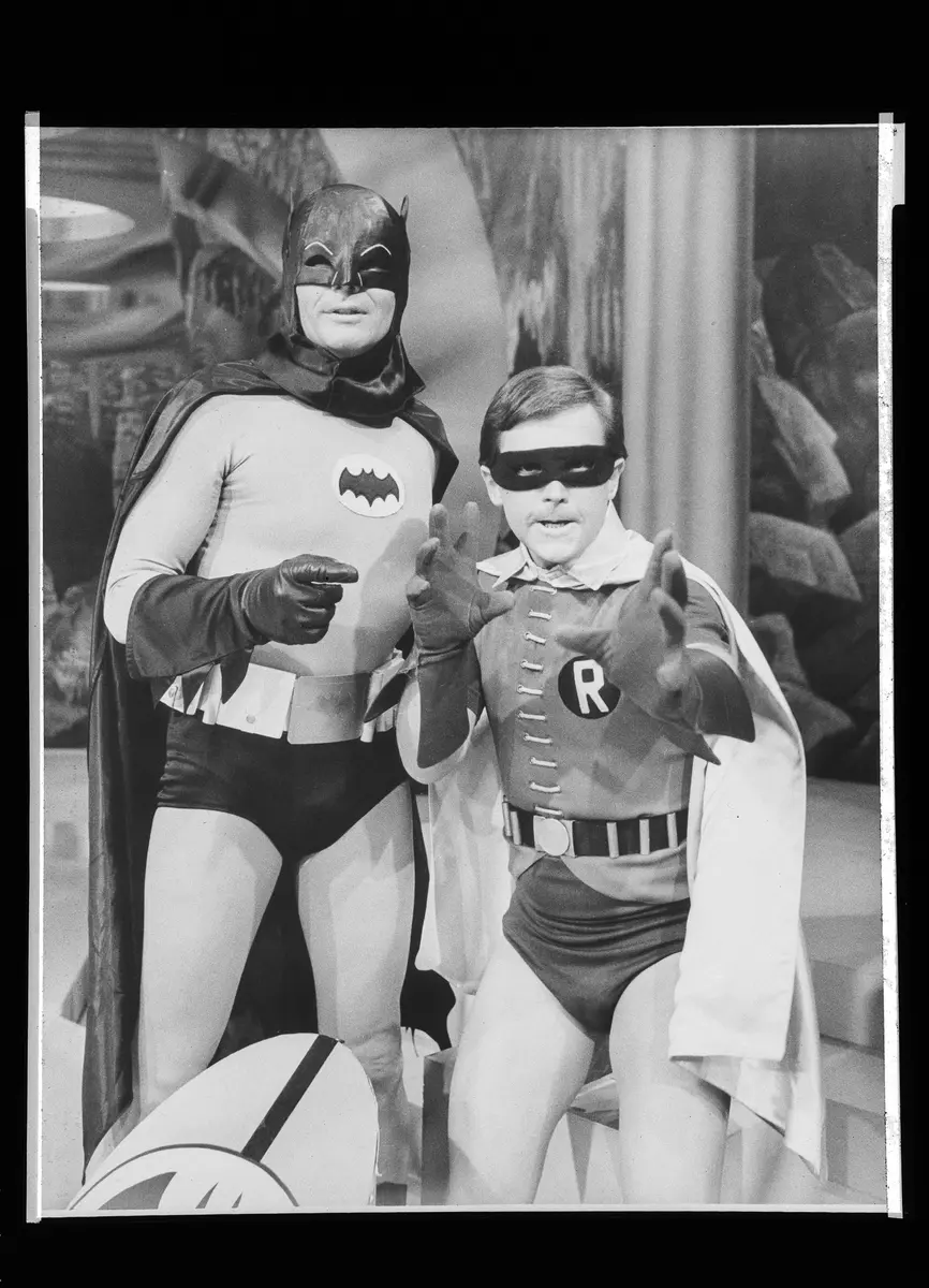 Archival production image of Batman and Robin on set in 1966